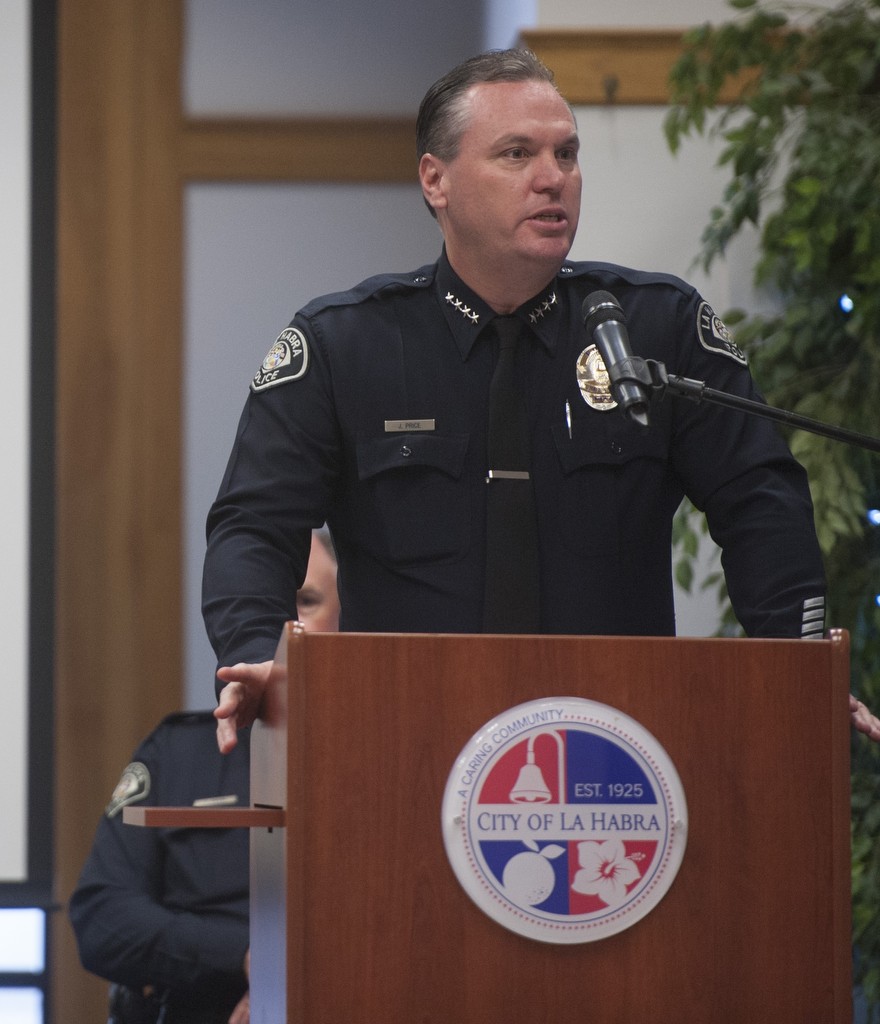 La Habra Police Chief Jerry Price makes a few remarks during the 2016 Awards ceremony. Photo by Miguel Vasconcellos/Behind the Badge OC 