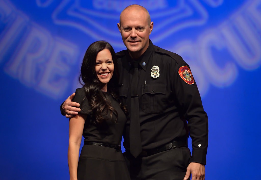 AF&R Fire Marshal Gary Blevins and his wife, Melissa, after receiving his new badge. Photo by Steven Georges/Behind the Badge OC