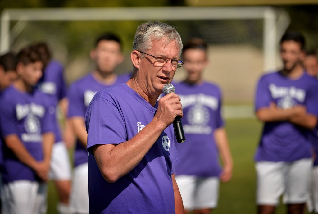 Frank Harris, father of Kelsey Harris who died from Lafora Disease, talks about his daughter as he thanks everyone who participated in the soccer fundraiser. Photo by Steven Georges/Behind the Badge OC