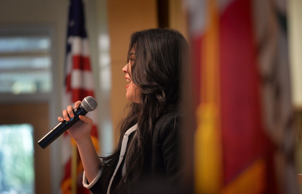 Marisa Avena sings the National Anthem at the start of the Fullerton PD Department Promotional and Awards Ceremony. Photo by Steven Georges/Behind the Badge OC
