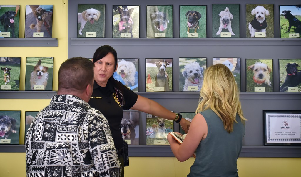 Sgt. Donna Mereness of the OCSD’s James A. Musick Facility talks about the various dogs, on display behind them, that have graduated from the COLLAR (Canines Offering Life Lessons And Rewards) program. Photo by Steven Georges/Behind the Badge OC