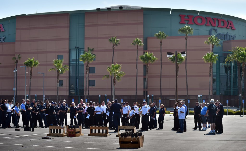 Anaheim Fire & Rescue puts on a pyro and theatrical training session for firefighters from a variety of agencies at the Honda Center. Photo by Steven Georges/Behind the Badge OC