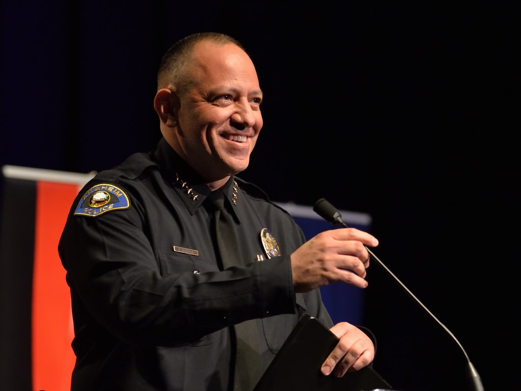 Chief Raul Quezada gives the Chief’s Address at the start of the Anaheim Police Department’s 2016 Awards & Retirement Ceremony at the City National Grove of Anaheim. Photo by Steven Georges/Behind the Badge OC