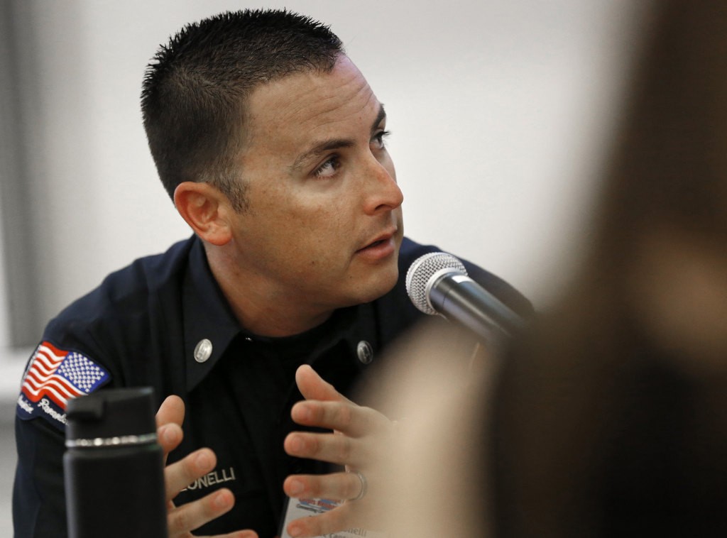 Anaheim Fire Captain Nick Colonelli discusses how to handle an active shooter on a high school campus. Photo by Christine Cotter