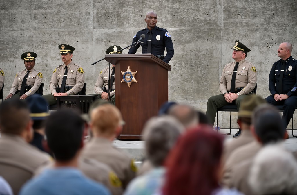 Garden Grove PD Reserve Officer John Ojeisekhoba gives a speech after receiving top honors at the LA Sheriff Department’s Biscailuz Training Academy graduation. Photo by Steven Georges/Behind the Badge OC