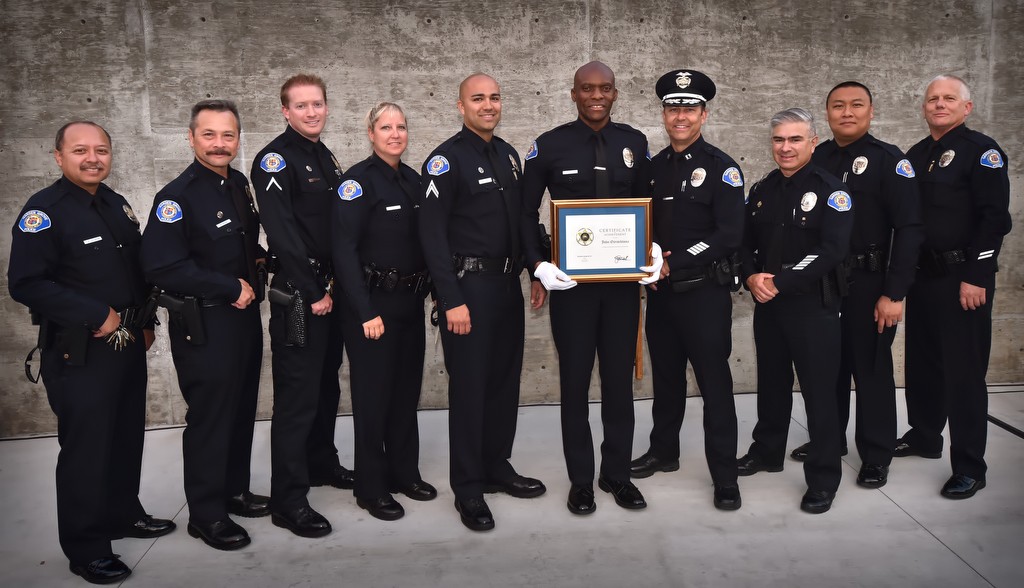 Garden Grove PD Reserve Officer John Ojeisekhoba with GGPD officers who came to see him graduate at the LA Sheriff Department’s Biscailuz Training Academy. Photo by Steven Georges/Behind the Badge OC