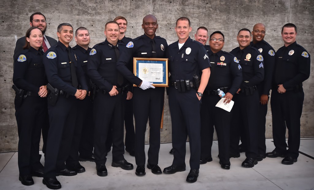 Garden Grove PD Reserve Officer John Ojeisekhoba with Biola University Campus Safety officers who came to see him graduate at the LA Sheriff Department’s Biscailuz Training Academy. Ojeisekhoba also serves at the Biola University Chief of Campus Safety. Photo by Steven Georges/Behind the Badge OC