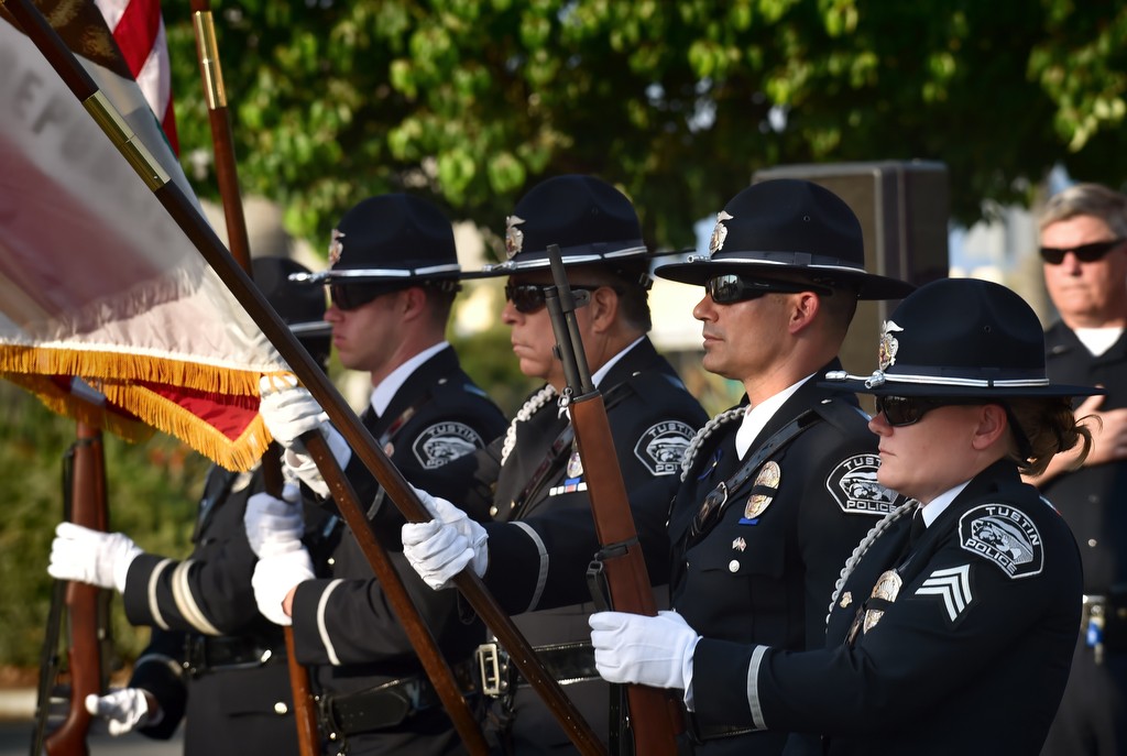 Tustin PD’s Color Guard posts the colors at the start of Tustin PD’s National Night Out in The District at Tustin Legacy. Photo by Steven Georges/Behind the Badge OC