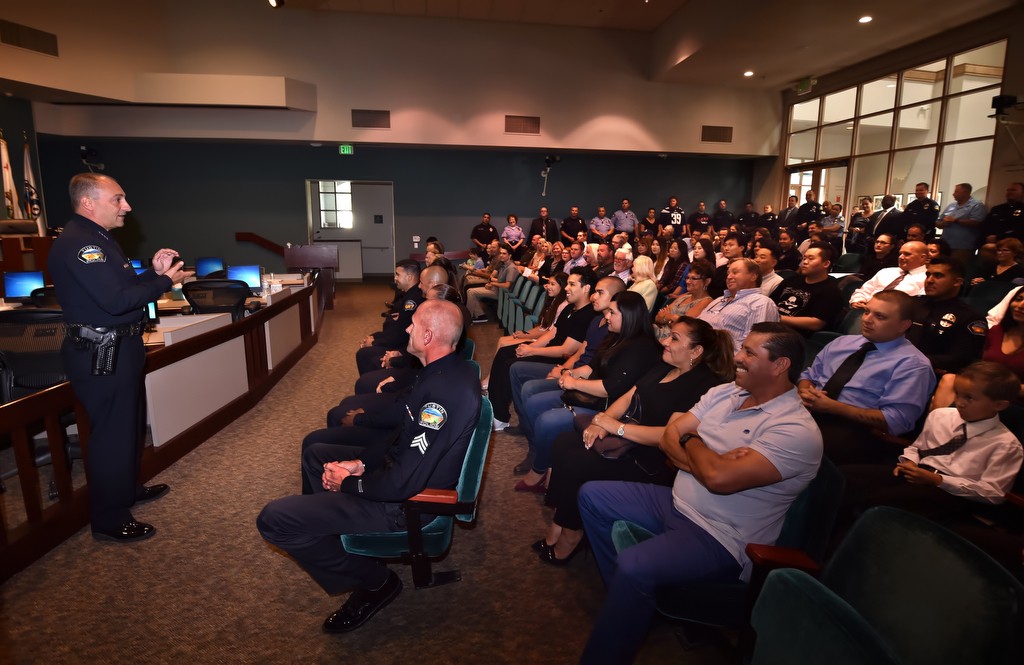 Tustin Police Chief Charles Celano welcomes everyone attending the promotions and swearing in ceremony. Photo by Steven Georges/Behind the Badge OC