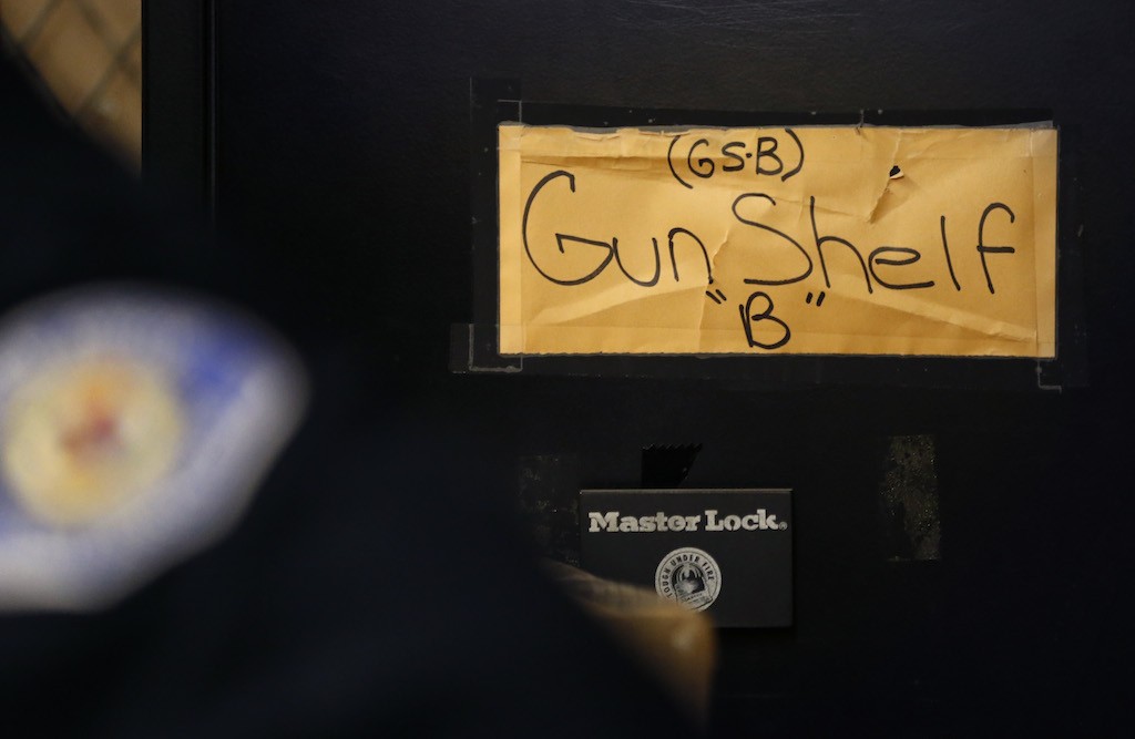 Guns held for evidence are stored in the Garden Grove PD's evidence storage locker. Photo by Christine Cotter
