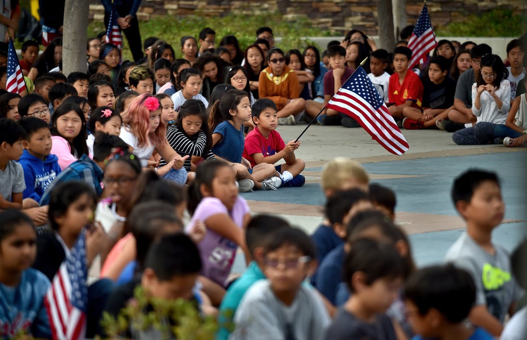 Kids from Fisler Elementary School participate in a 9-11 assembly at the school that also honors Fullerton police and fire. Photo by Steven Georges/Behind the Badge OC