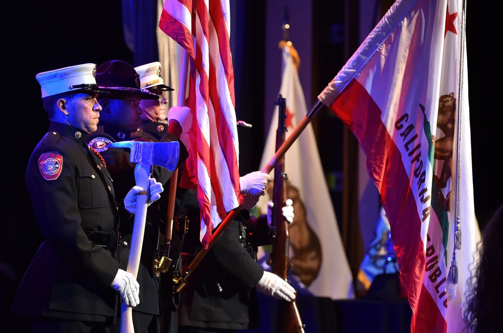 Anaheim Police & Fire Joint Honor Guard presents the colors at the start of Anaheim’s 9-11 remembrance ceremony at the City National Grove of Anaheim. Photo by Steven Georges/Behind the Badge OC