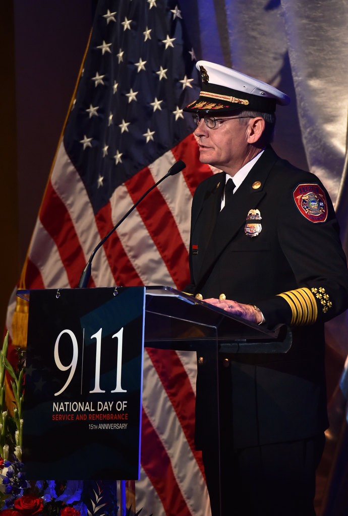 Anaheim Fire and Rescue Chief Randy Bruegman gives his speech during Anaheim’s 9-11 remembrance ceremony at the City National Grove of Anaheim. Photo by Steven Georges/Behind the Badge OC