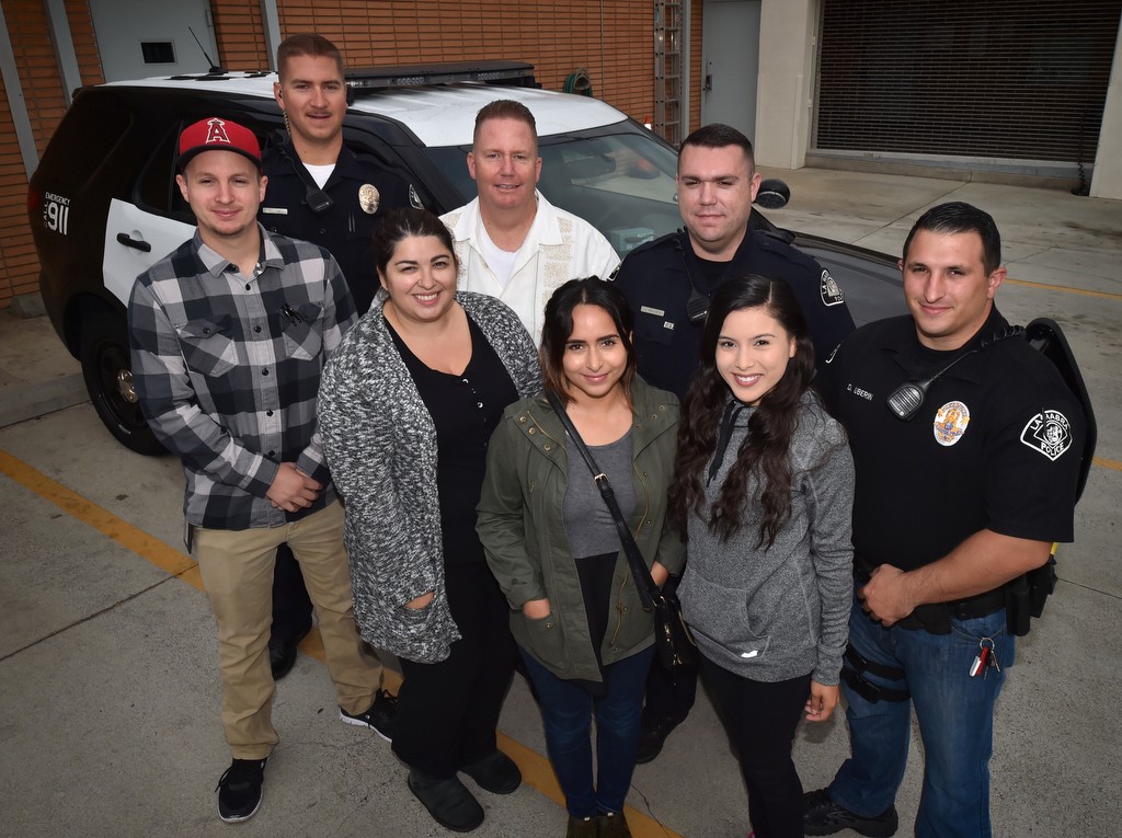 La Habra PD's homeless outreach program members are from left, Tyler Ahtonen, lead case manager, left, La Habra PD Officer Kevin. Love, Gigi Zanganeh, director of programs for City Net Homeless Outreach, Lt. Dan Henderson, police supervisor of the outreach program, La Habra PD Officer Justin Braasch, Marissa Uribe, (Cal State Fullerton) intern for City Net, and La Habra PD officer Daniel Uberin. Photo by Steven Georges/Behind the Badge OC