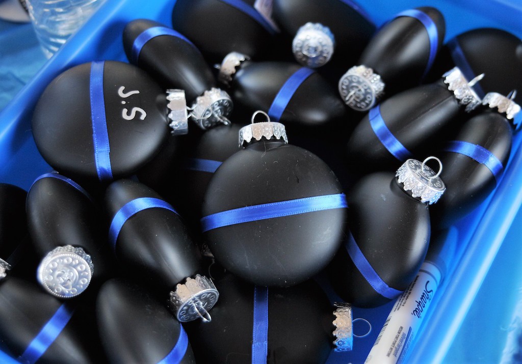 hese Christmas Tree ornaments were among the items given to police officers at a meet-and-greet at Centennial Park in Tustin Saturday. The event was organized by Valerie Mann, founder of the Facebook page, The Thin Blue Line Supporters. 