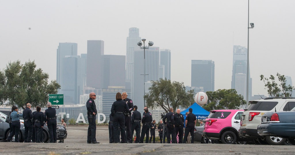 About 40 Police Chiefs from various agencies in the state at Dodger Stadium to participate in the Pink Patch Project group photo Wednesday morning.
