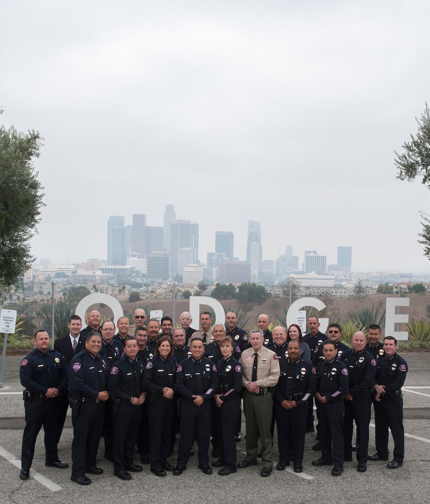 About 40 Police Chiefs from various agencies in the state at Dodger Stadium to participate in the Pink Patch Project group photo Wednesday morning.
