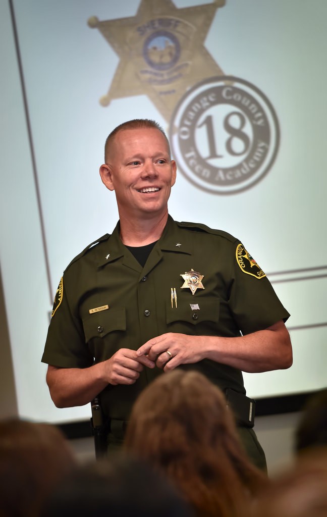 OCSD Commander Bob Peterson says a few words to the  OCSD’s first Youth Citizens’ Academy during their graduation ceremony. Photo by Steven Georges/Behind the Badge OC