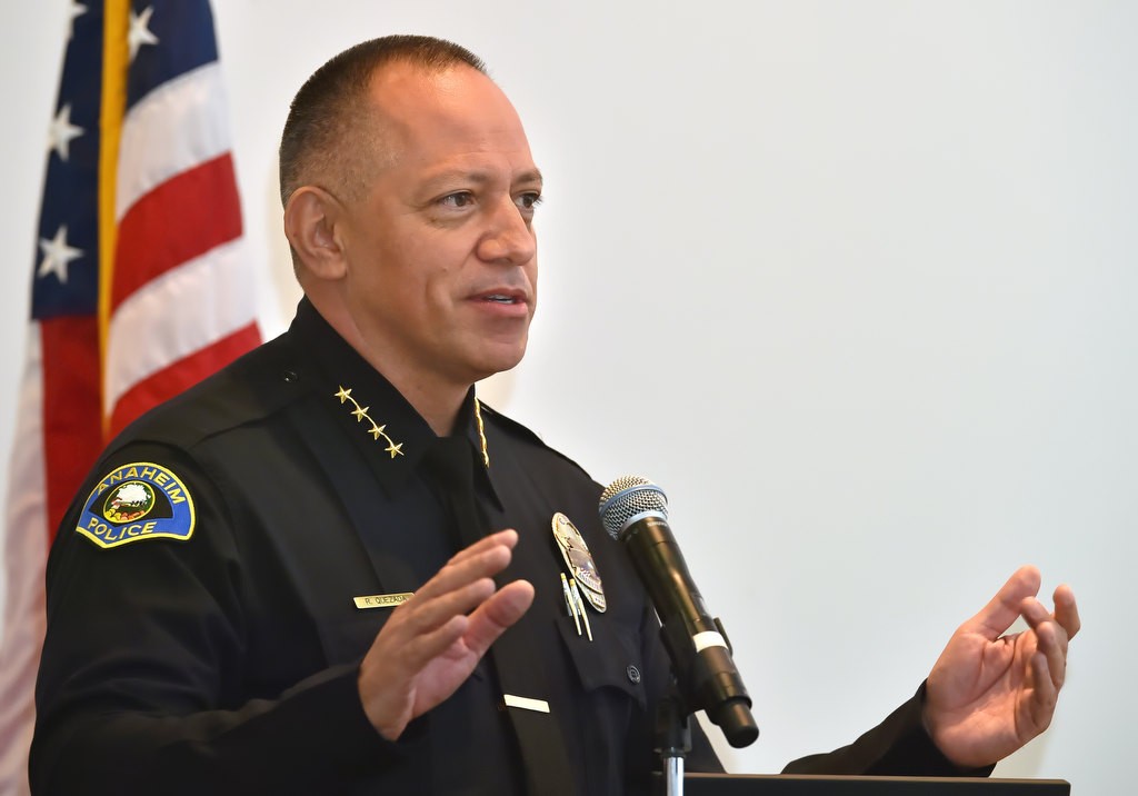 Anaheim Police Chief Raul Quezada gives his closing remarks after hosting a panel discussion on Prop 64 at the Anaheim Convention Center. Photo by Steven Georges/Behind the Badge OC