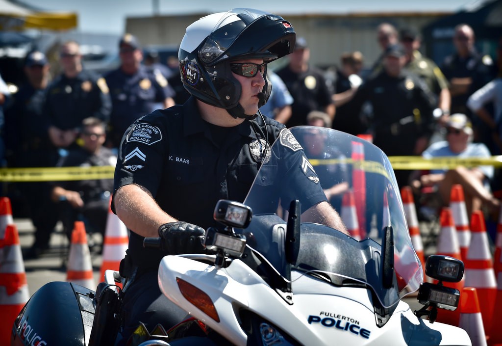 Fullerton PD Motor Officer Kyle Baas competes during the 2016 OCTOA (Orange County Traffic Officers Association) Motor Rodeo at Huntington Beach. Photo by Steven Georges/Behind the Badge OC