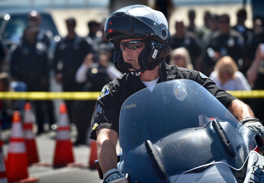 Anaheim PD Officer Jeff Burke competes during the 2016 OCTOA (Orange County Traffic Officers Association) Motor Rodeo at Huntington Beach. Photo by Steven Georges/Behind the Badge OC