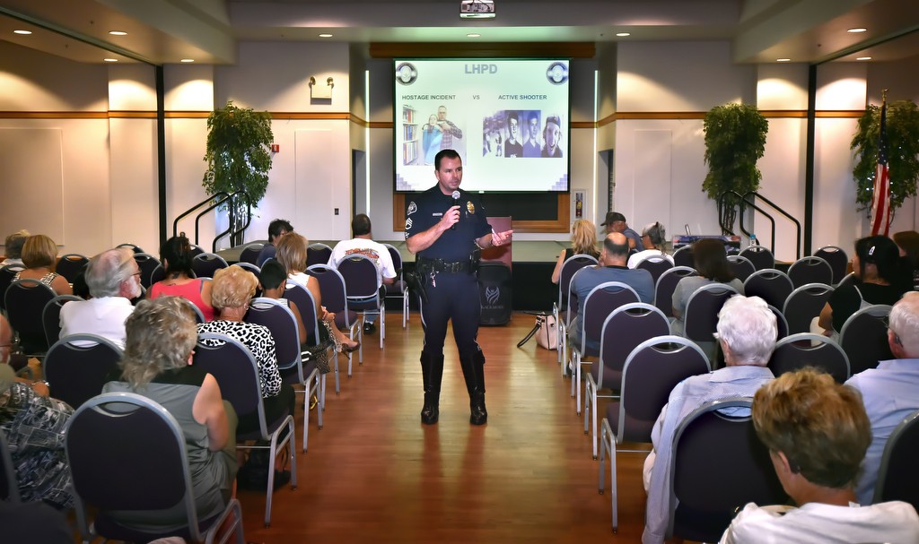 La Habra PD Sgt. Jim Tigner introduces the topic of Active Shooter during a community meeting on emergency preparedness at the La Habra Community Center. Photo by Steven Georges/Behind the Badge OC