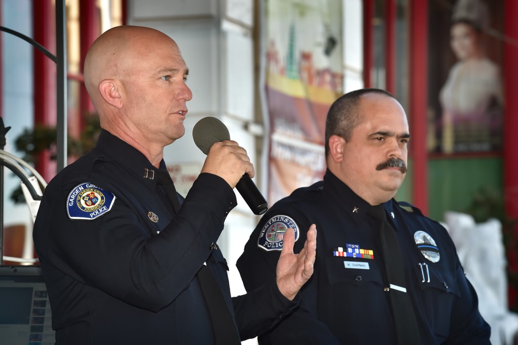 Garden Grove PD Capt. Travis Whitman, left, and Westminster PD Cmdr. Mike Chapman talks about the Vietnamese community during the Viet-CARE Pho-Covery Celebration at the Asian Garden Mall in Westminster. Photo by Steven Georges/Behind the Badge OC