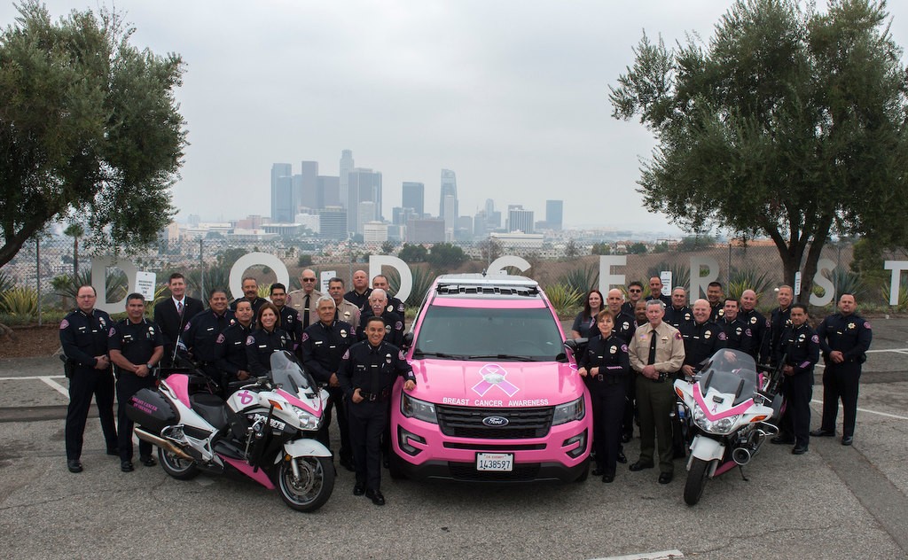 About 40 Police Chiefs from various agencies in the state at Dodger Stadium to participate in the Pink Patch Project group photo