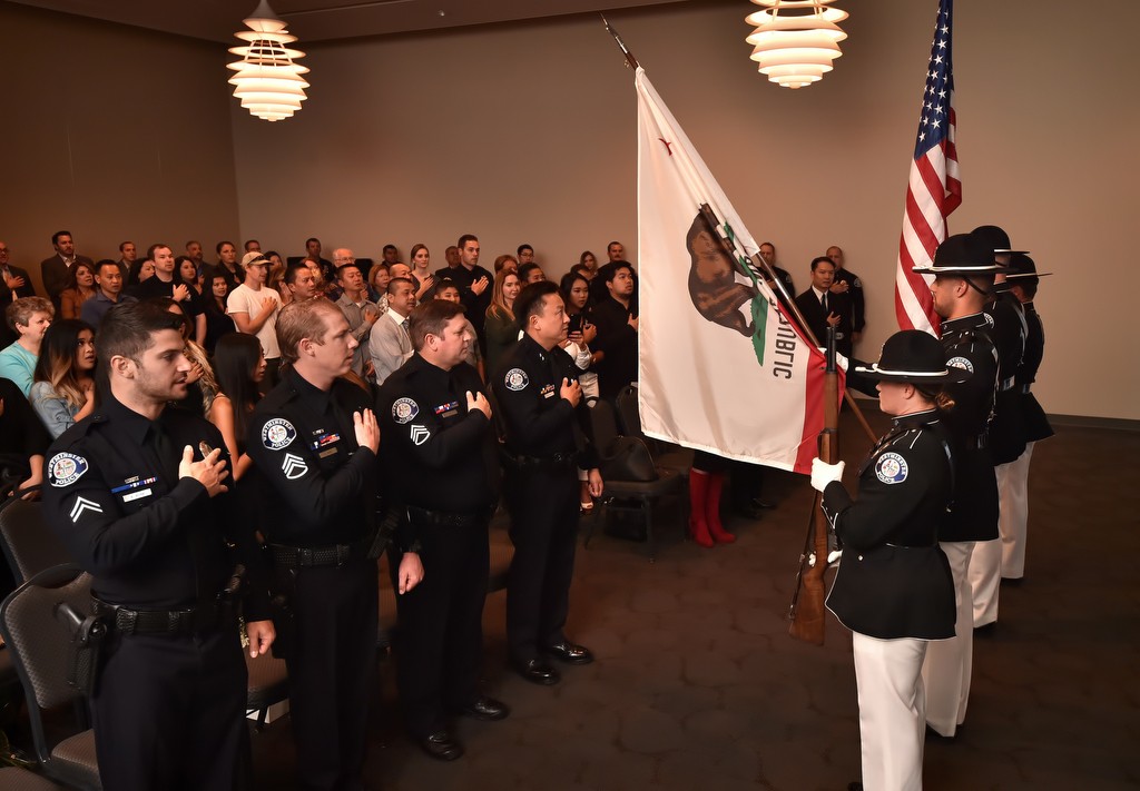 The Westminster PD Color Guard posts the colors at the start of the department’s swearing-in and promotions ceremony. Photo by Steven Georges/Behind the Badge OC