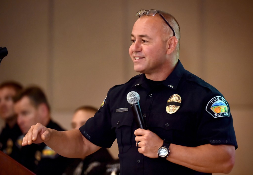 Tustin PD’s Lt. Jeff Blair talks to the crowd gathered for the Tustin fall community safety meeting at the Tustin Community Center. Photo by Steven Georges/Behind the Badge OC