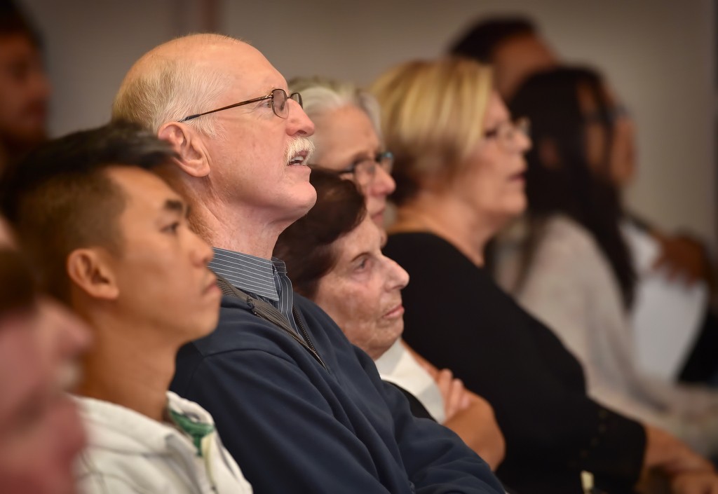 Tustin residents listen to the Tustin police chief during the Tustin fall community safety meeting at the Tustin Community Center. Photo by Steven Georges/Behind the Badge OC