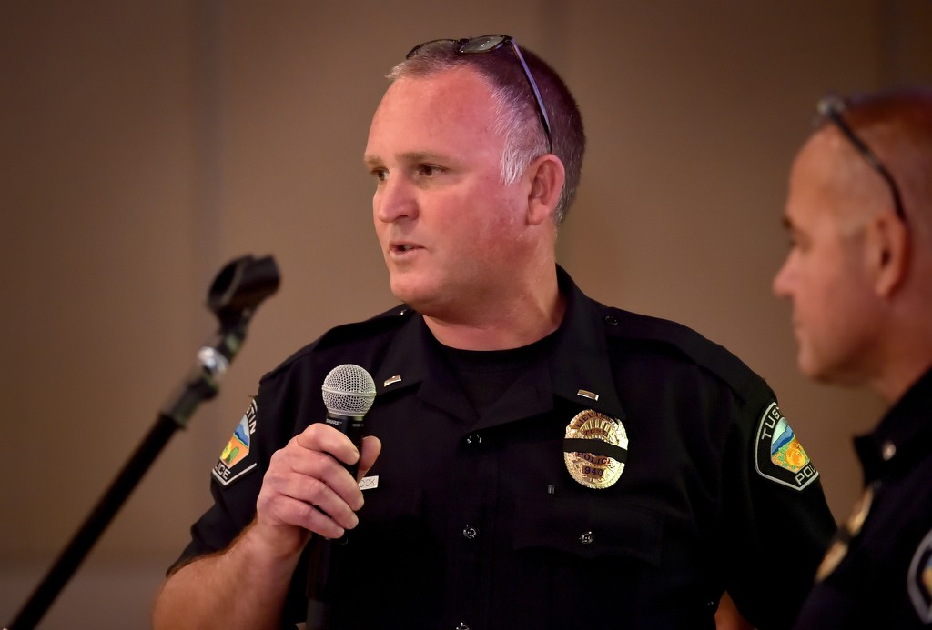 Tustin PD’s Lt. Todd Bullock talks to the crowd gathered for the Tustin fall community safety meeting at the Tustin Community Center. Photo by Steven Georges/Behind the Badge OC