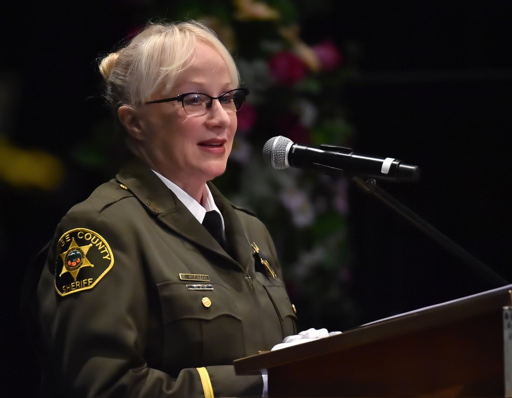 OC Sheriff’s Chaplain Kathleen Kooiman gives the closing remarks and prayer at the conclusion of Deputy Courtney Ward’s funeral services. Photo by Steven Georges/Behind the Badge OC