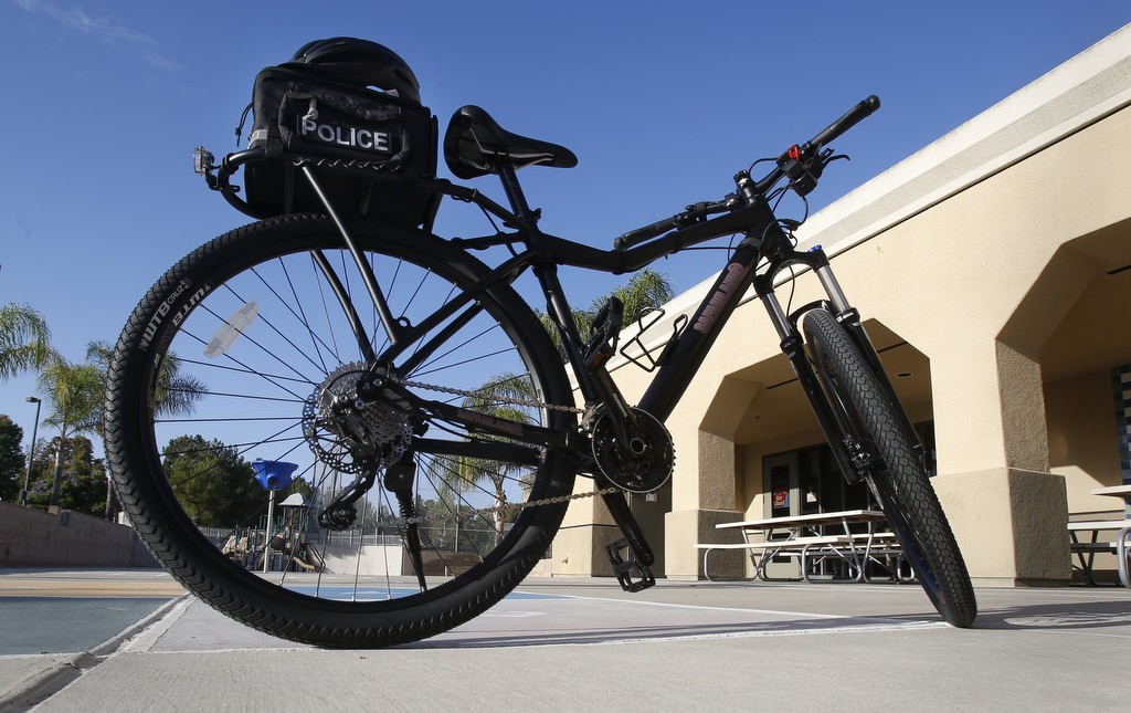 An Orange County Sheriff's patrol bike on display during a bike safety class for kids.  Photo by Christine Cotter