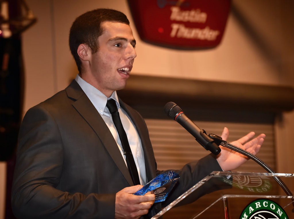 Josh Schlesinger accepts the Cadet of the Year award during the Tustin PD awards banquet. Photo by Steven Georges/Behind the Badge OC