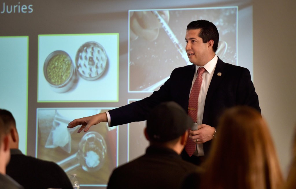 Orange County Deputy District Attorney Brian Orué talks about how to detect and test for marijuana and other illegal drugs, in addition to alcohol, on location when making DUI stops. Photo by Steven Georges/Behind the Badge OC