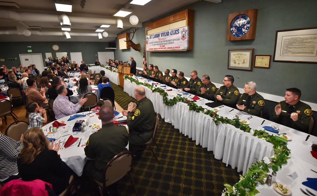 Members of the Orange County Sheriff Department gather with the Orange County Fire Authority and California Highway Patrol for the 2017 Law Enforcement and Firefighters Annual Appreciation Awards Dinner at the Mission Viejo/Saddleback Valley Elks Lodge #2444. Photo by Steven Georges/Behind the Badge OC