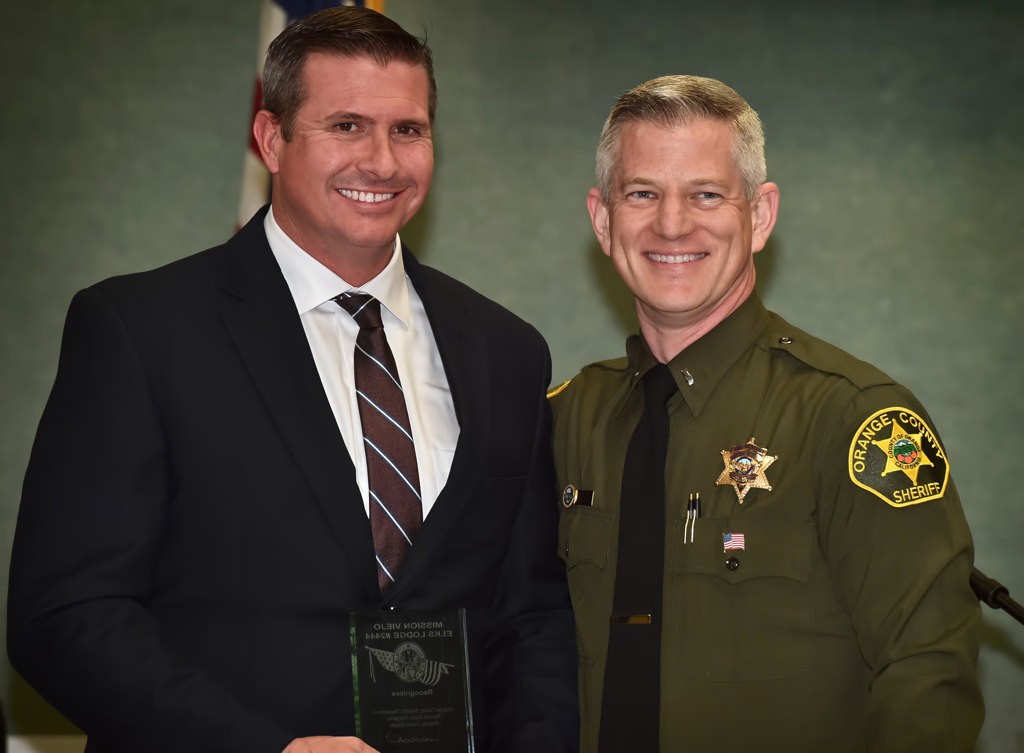 OCSD Deputy James Gagen (Rancho Santa Margarita), left, receives the Meritorious Service Award from Lt. Luke South. Photo by Steven Georges/Behind the Badge OC