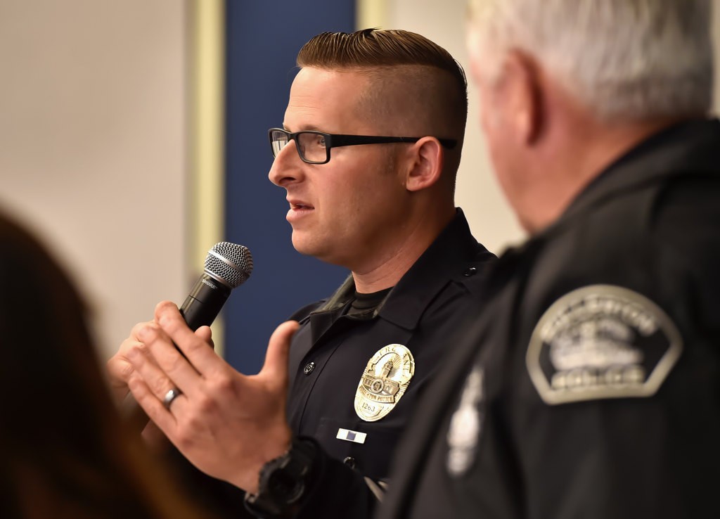 Fullerton PD CIO Sgt. Jon Radus talks to the parents gathered at Pacific Drive School in Fullerton. Photo by Steven Georges/Behind the Badge OC