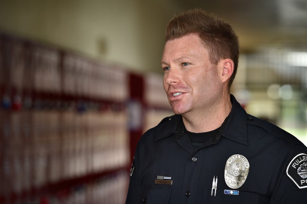 Fullerton PD SRO (School Resource Officer) Andrew Coyle at Troy High School. Photo by Steven Georges/Behind the Badge OC