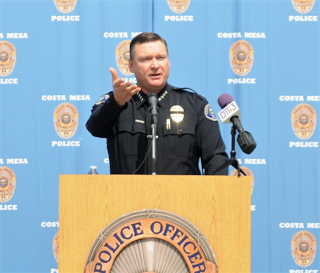Costa Mesa Police Chief Rob Sharpnack speaks during memorial service at police headquarters Friday, commemorating the 30th anniversary of the line-of-duty deaths of police officers Dave Ketchum and Mike Libolt, both killed on March 10, 1987, when their helicopter collided with another helicopter during a chase.