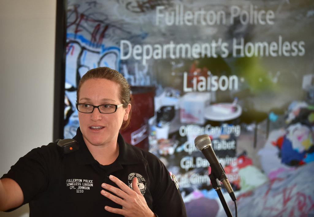 Liaison Officer and and Coast to Coast partner, Cpl. Ginny Johnson of Fullerton PD talks during Fullerton ACTÕs Homeless 101 seminar. Photo by Steven Georges/Behind the Badge OC
