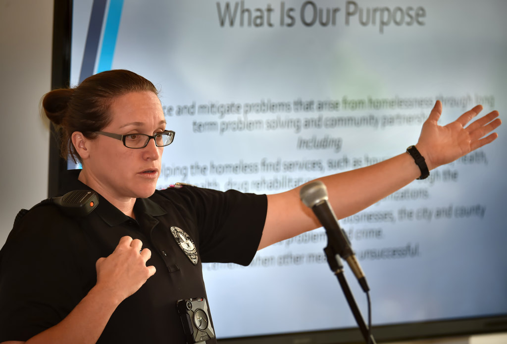 Homeless Liaison Officer and and Coast to Coast partner, Cpl. Ginny Johnson of Fullerton PD talks about how to help to those attending Fullerton ACTÕs Homeless 101 seminar. Photo by Steven Georges/Behind the Badge OC