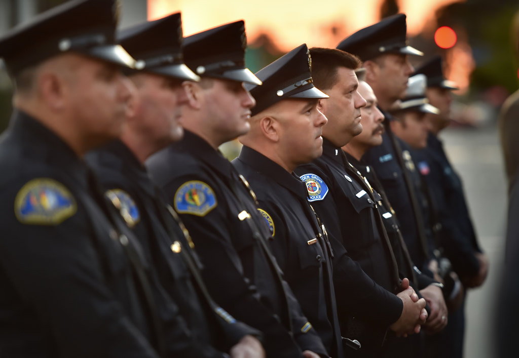 Police officers from agencies that include Whittier and Garden Grove attend a prayer vigil for Whittier PD Officer Keith Boyer at GGPD. Photo by Steven Georges/Behind the Badge OC