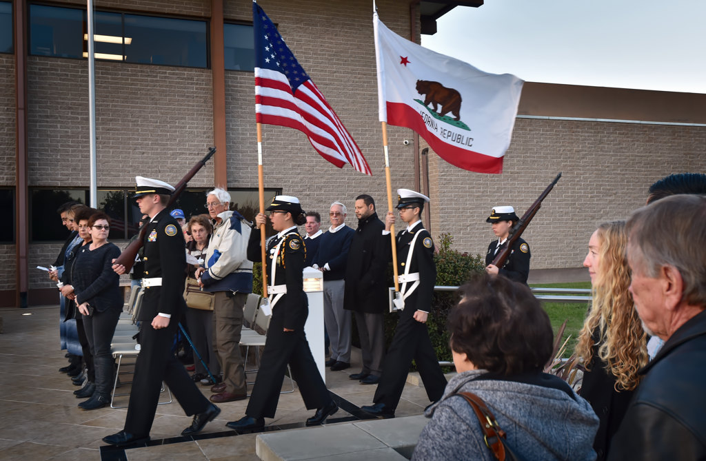 The Pacifica High School NJROTC Color Guard posts the colors at the start of a prayer vigil at the GGPD for Whittier PD Officer Keith Boyer. Photo by Steven Georges/Behind the Badge OC