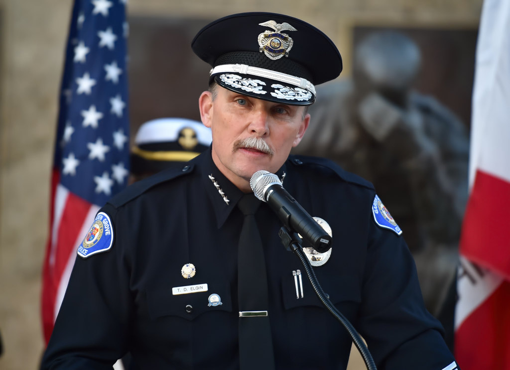 Garden Grove Police Chief Todd Elgin talks about Whittier PD Officer Keith Boyer during a prayer vigil at the GGPD Police Officer Memorial. Photo by Steven Georges/Behind the Badge OC