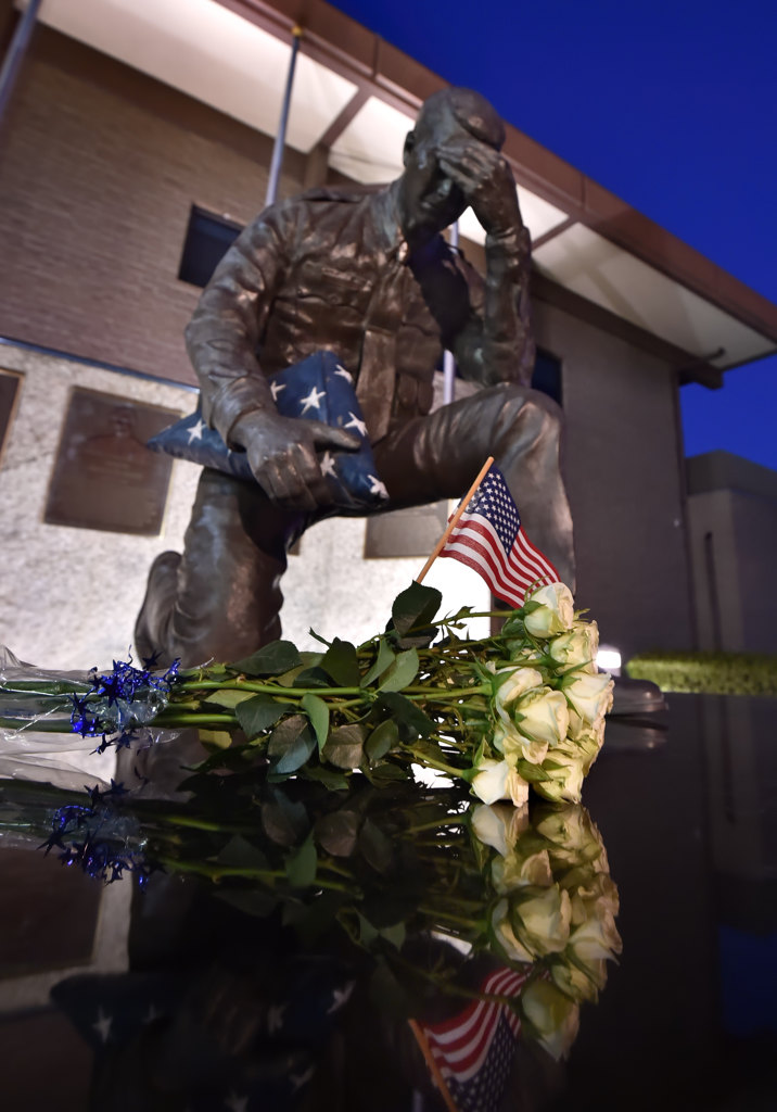 Flowers lie at the base of the GGPD Police Officer Memorial after a service honoring Whittier PD Officer Keith Boyer who was killed in the line of duty on February 20, 2017. Photo by Steven Georges/Behind the Badge OC