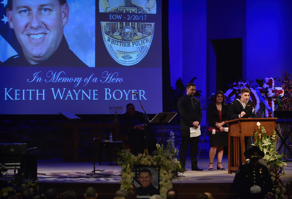 Whittier Police Chief Jeff Piper talks about Officer Keith Boyer during his memorial service. Photo by Steven Georges/Behind the Badge OC