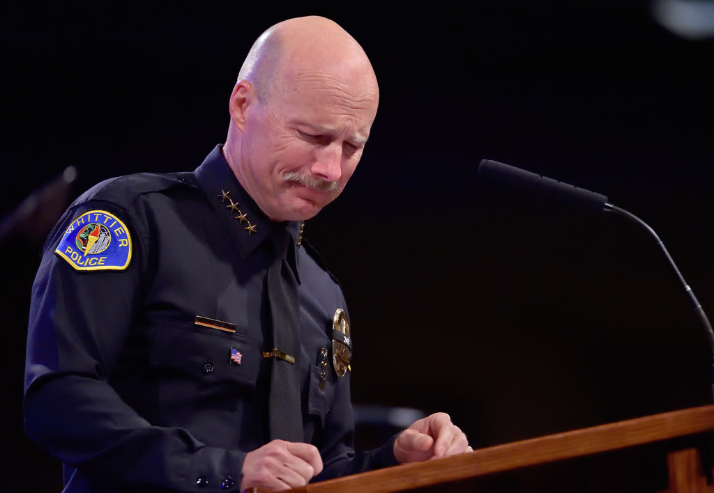 Whittier Police Chief Jeff Piper gets choked up at the end of his speech for Officer Keith Boyer during his memorial service. Photo by Steven Georges/Behind the Badge OC