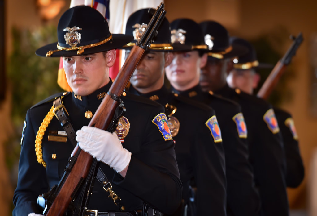 The Orange PD Color Guard enters the room at the start of department’s awards ceremony at The Villa in Orange. Photo by Steven Georges/Behind the Badge OC